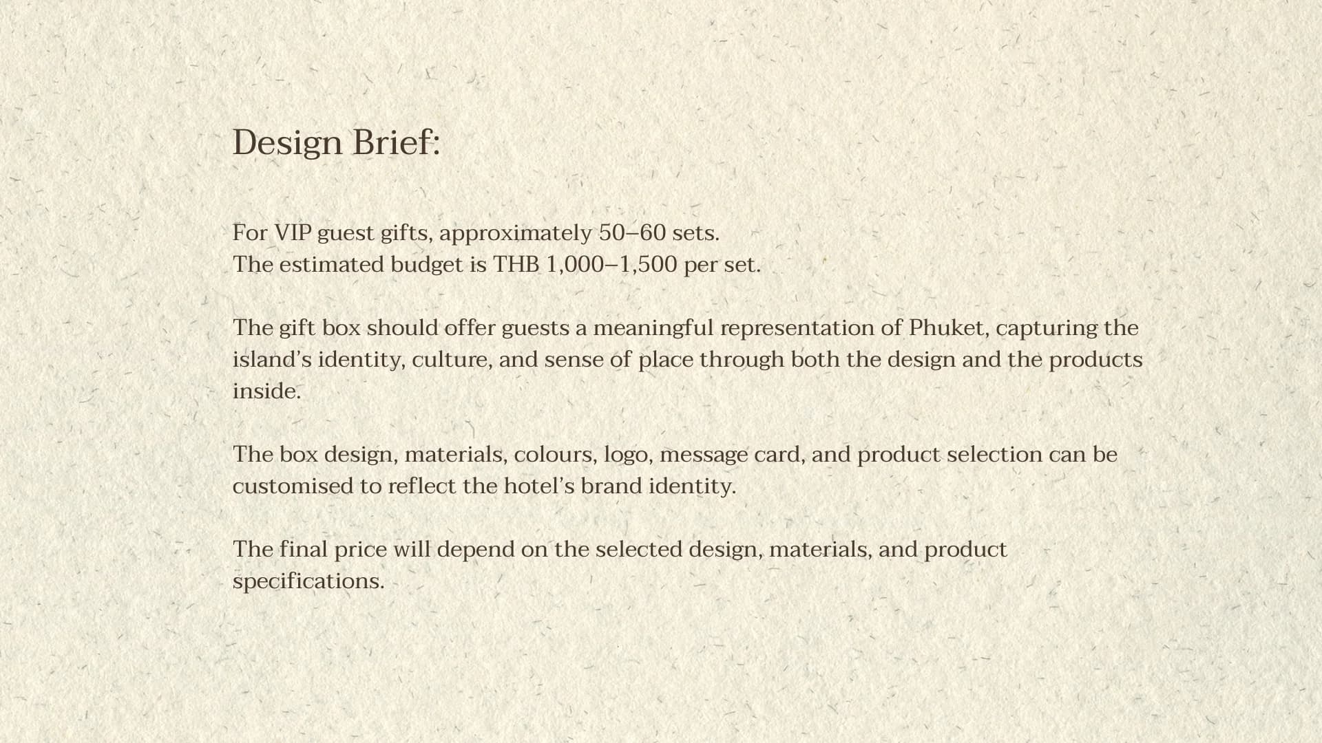 Design brief slide covering quantity, budget, and customisation scope for VIP guest gifts