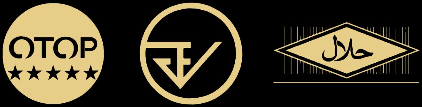 Product certification marks, including OTOP five-star and Halal