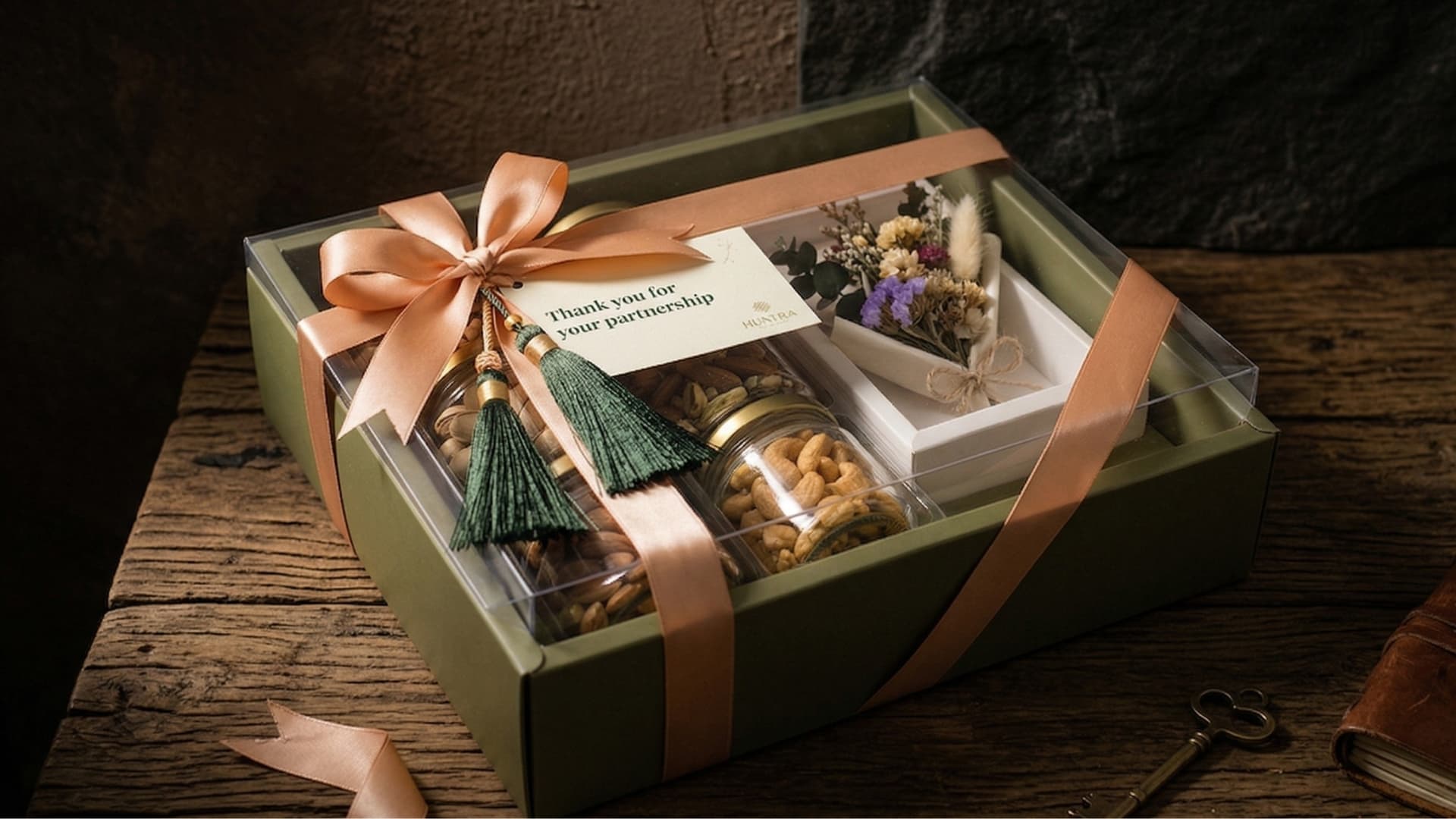 Client appreciation gift tray with a thank-you card and ribbon details