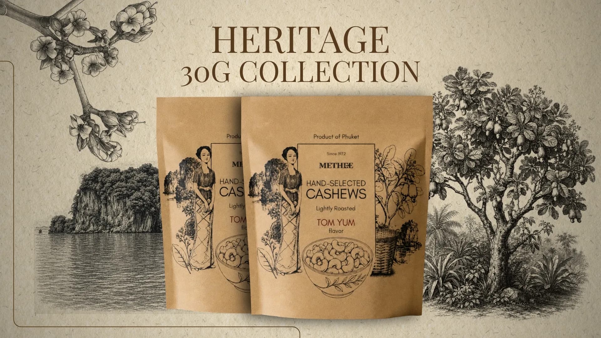 Heritage 30 gram kraft pouches of hand-selected Tom Yum cashews