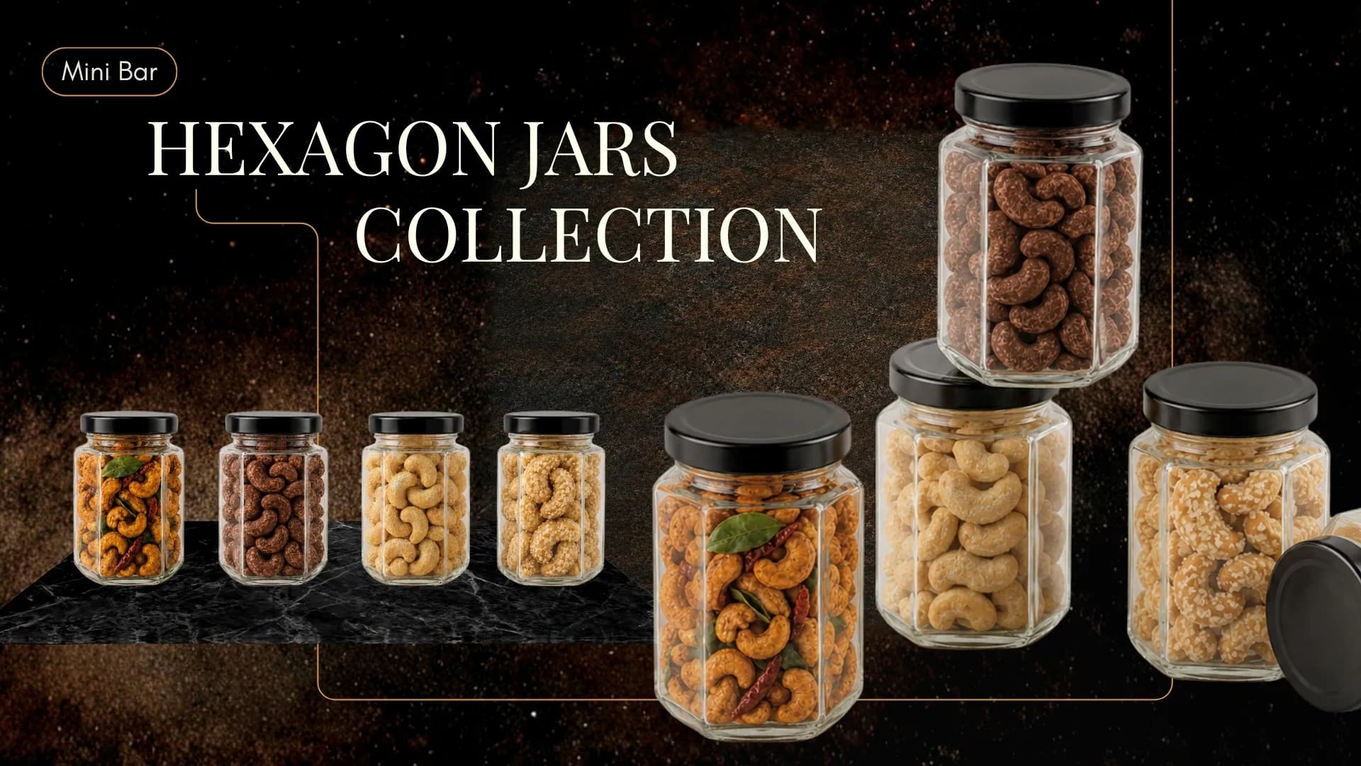 Hexagon glass jars filled with roasted and seasoned cashews