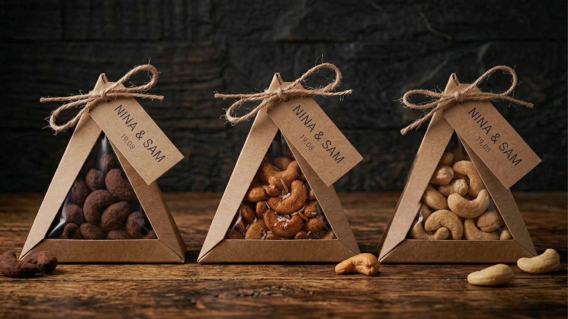 Personalized triangle wedding favor boxes filled with cashews