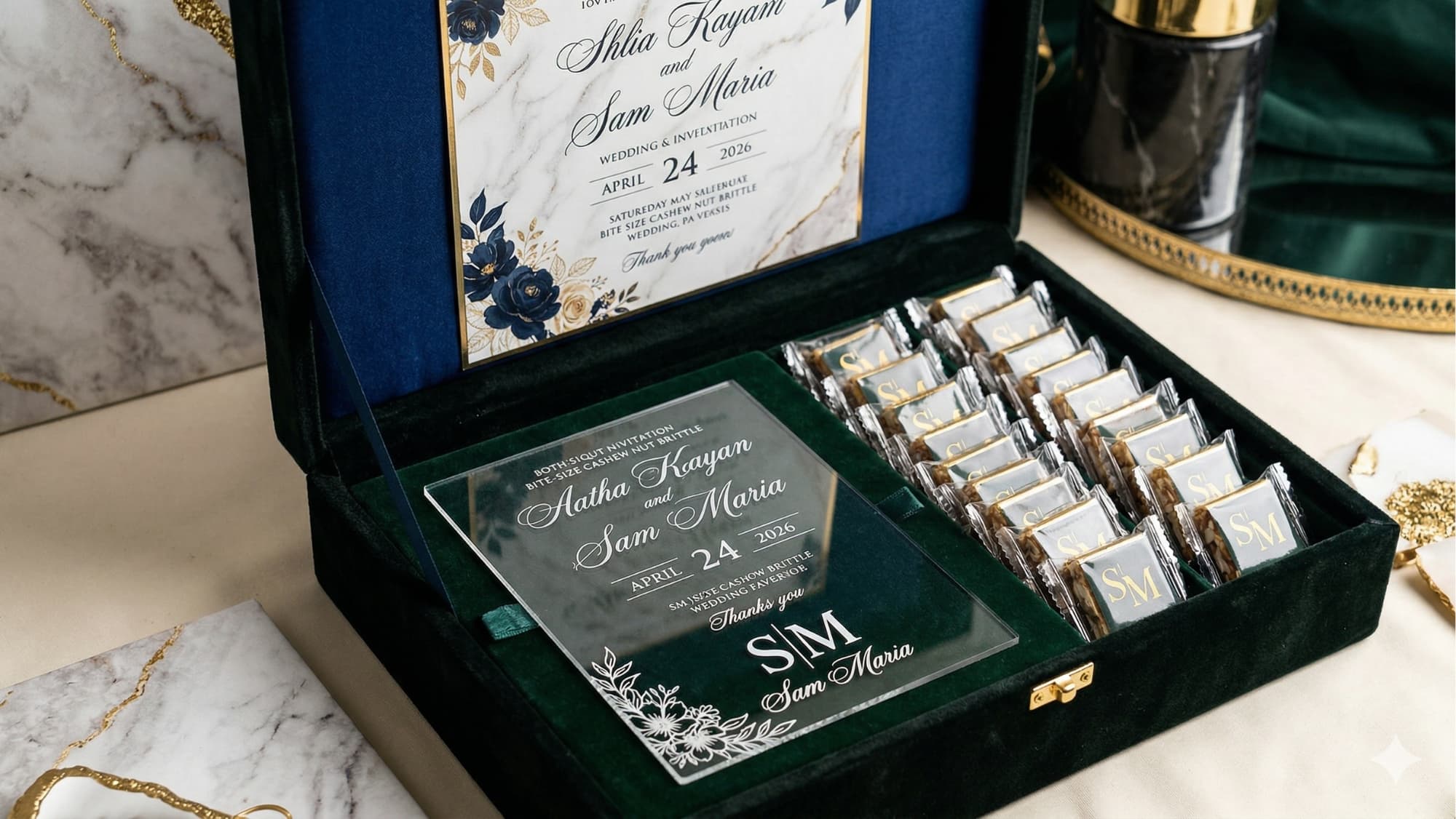 Invitation boxes and experience kits presentation for a wedding gifting program