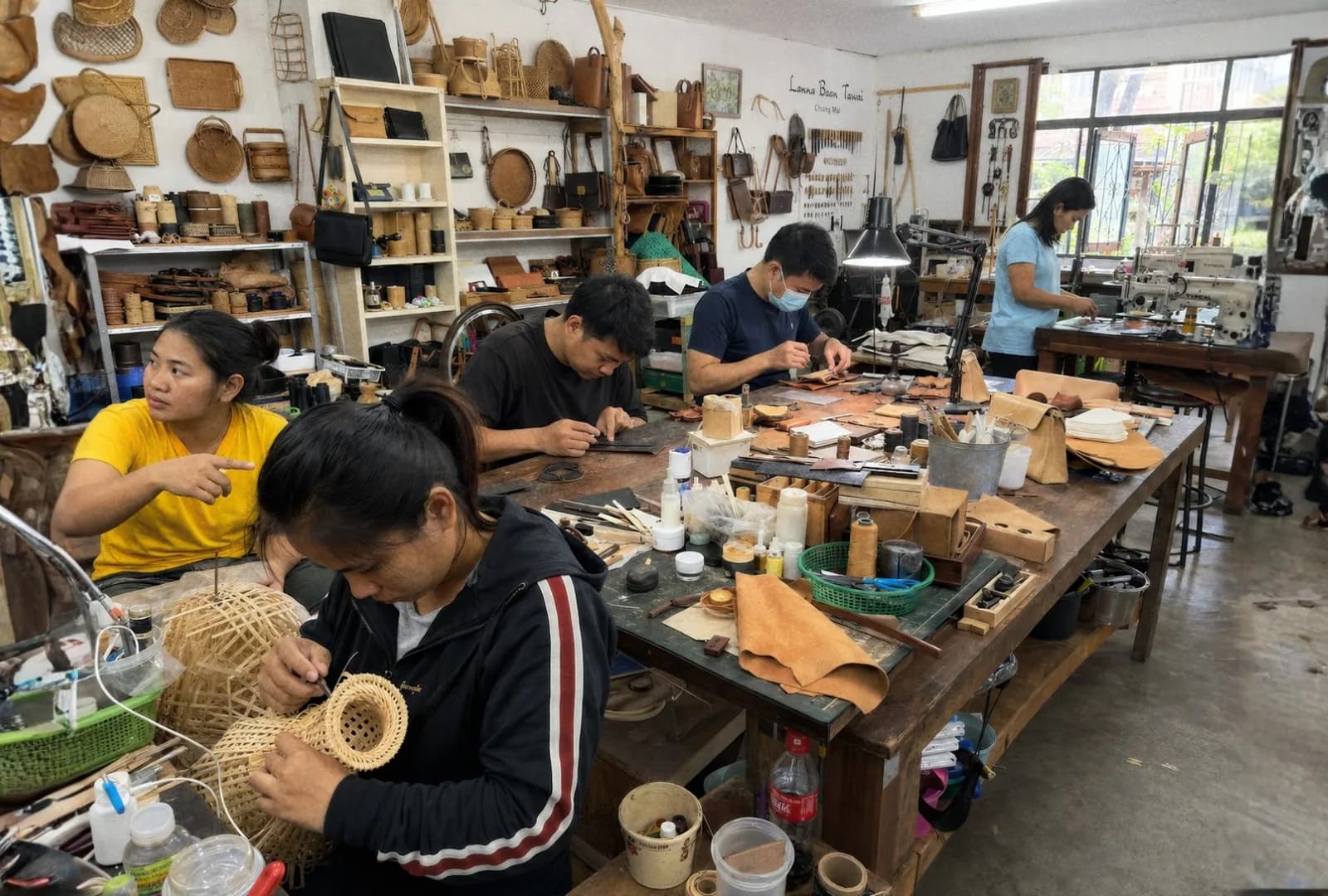 The Phuket craft workshop, with makers assembling woven and leather packaging by hand