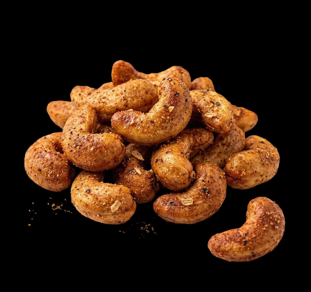 Barbecue cashews on a white background