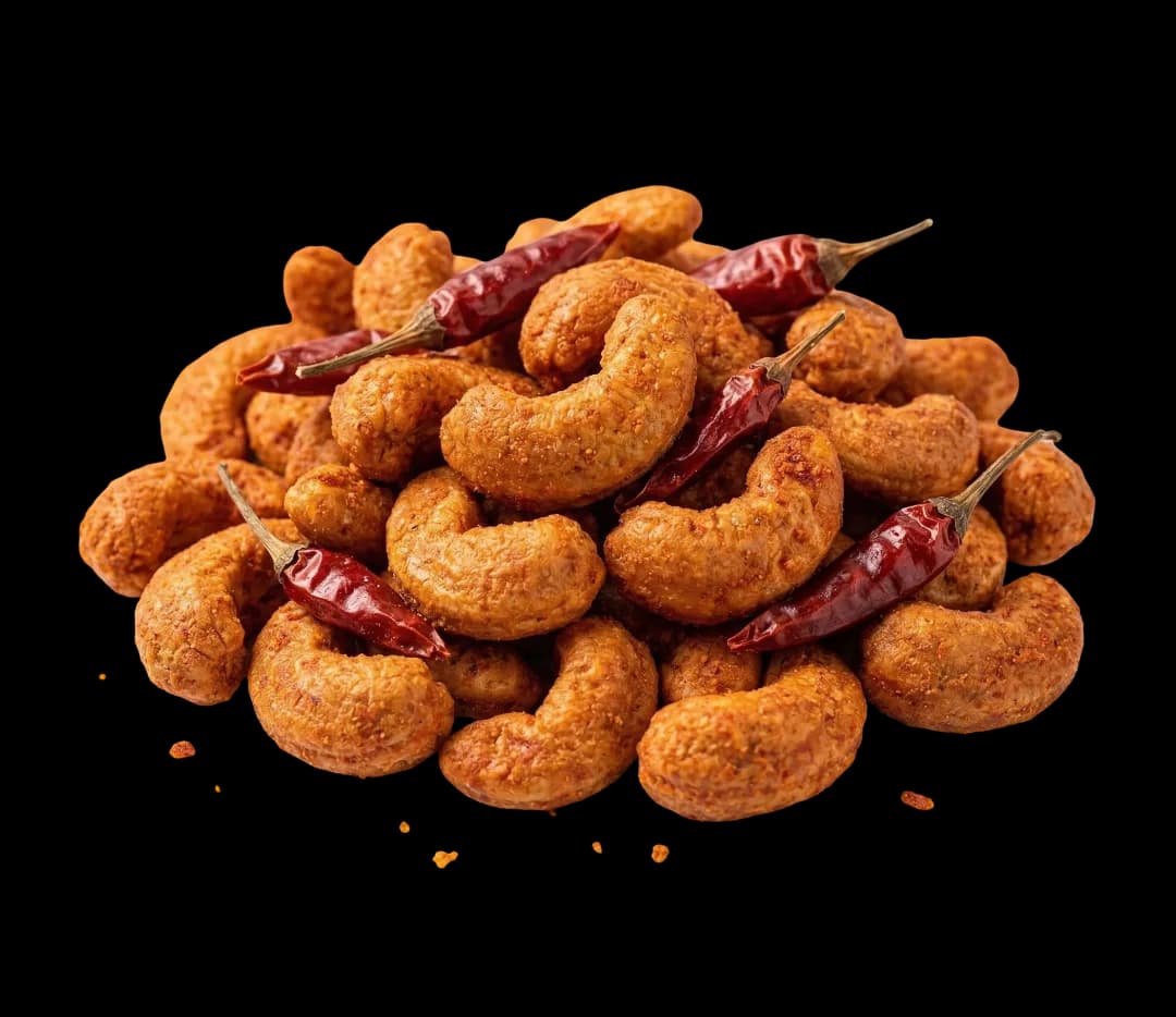 Chilli cashews on a white background