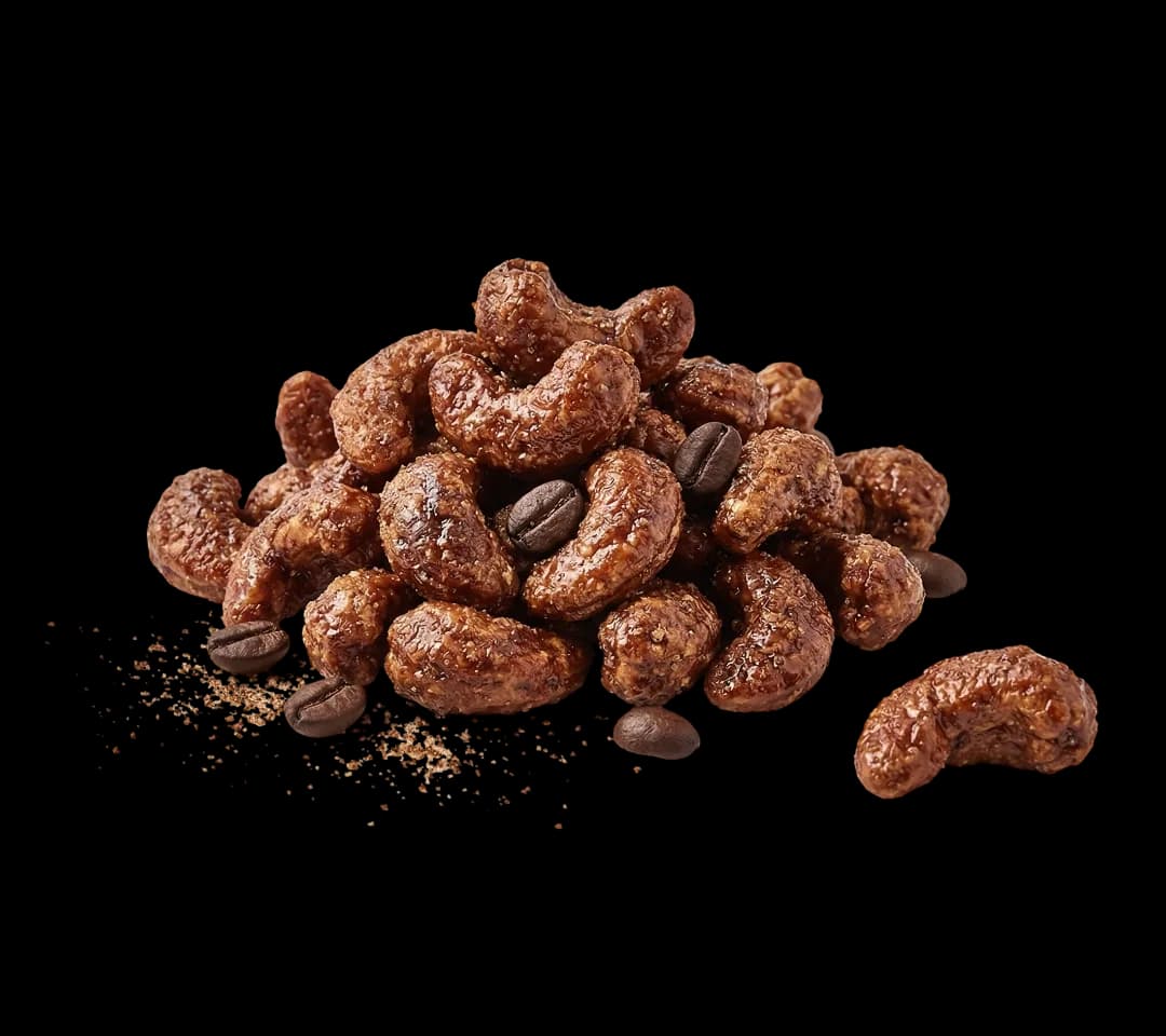 Coffee golden cashews on a white background