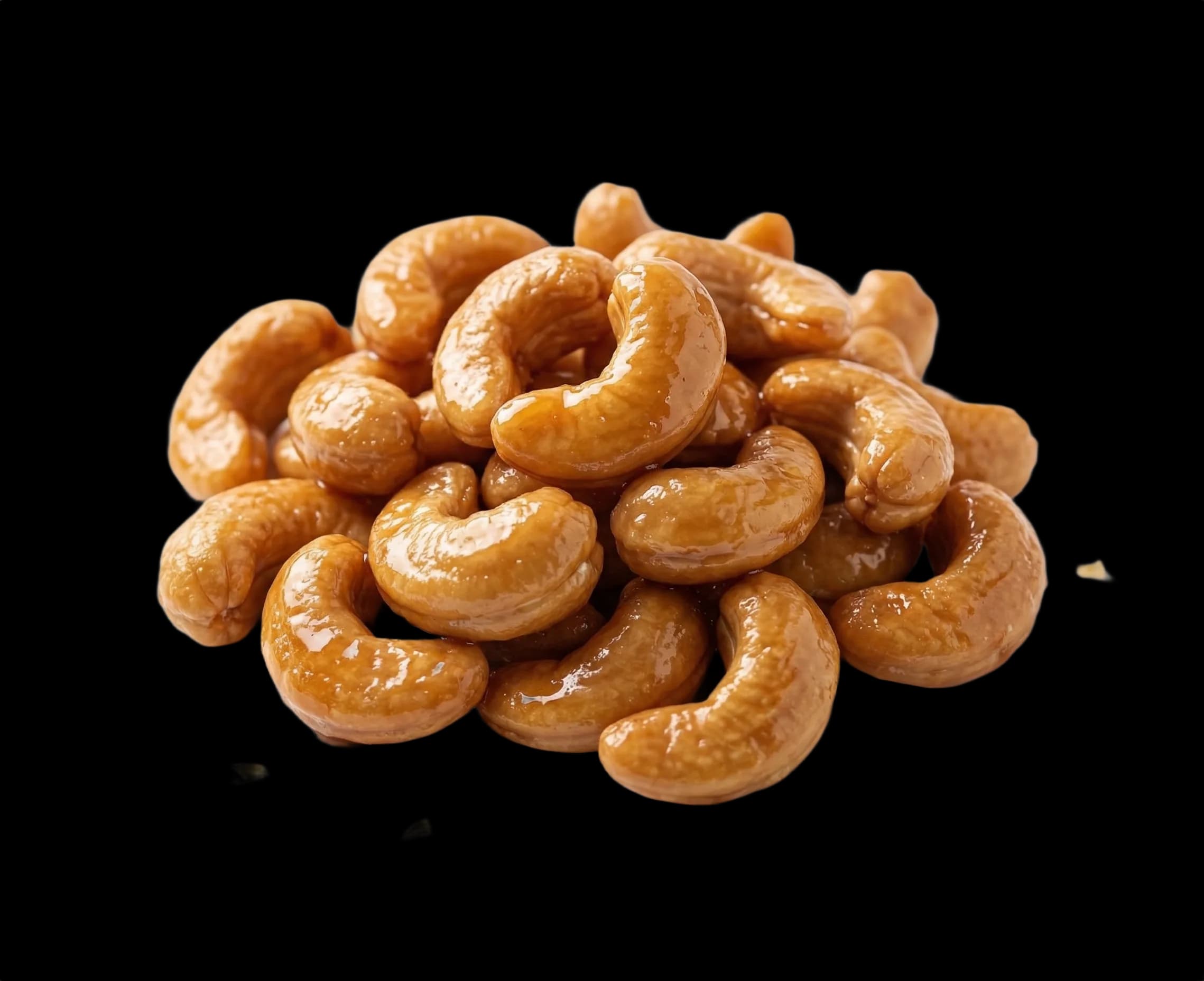 Honey-glazed cashews on a white background