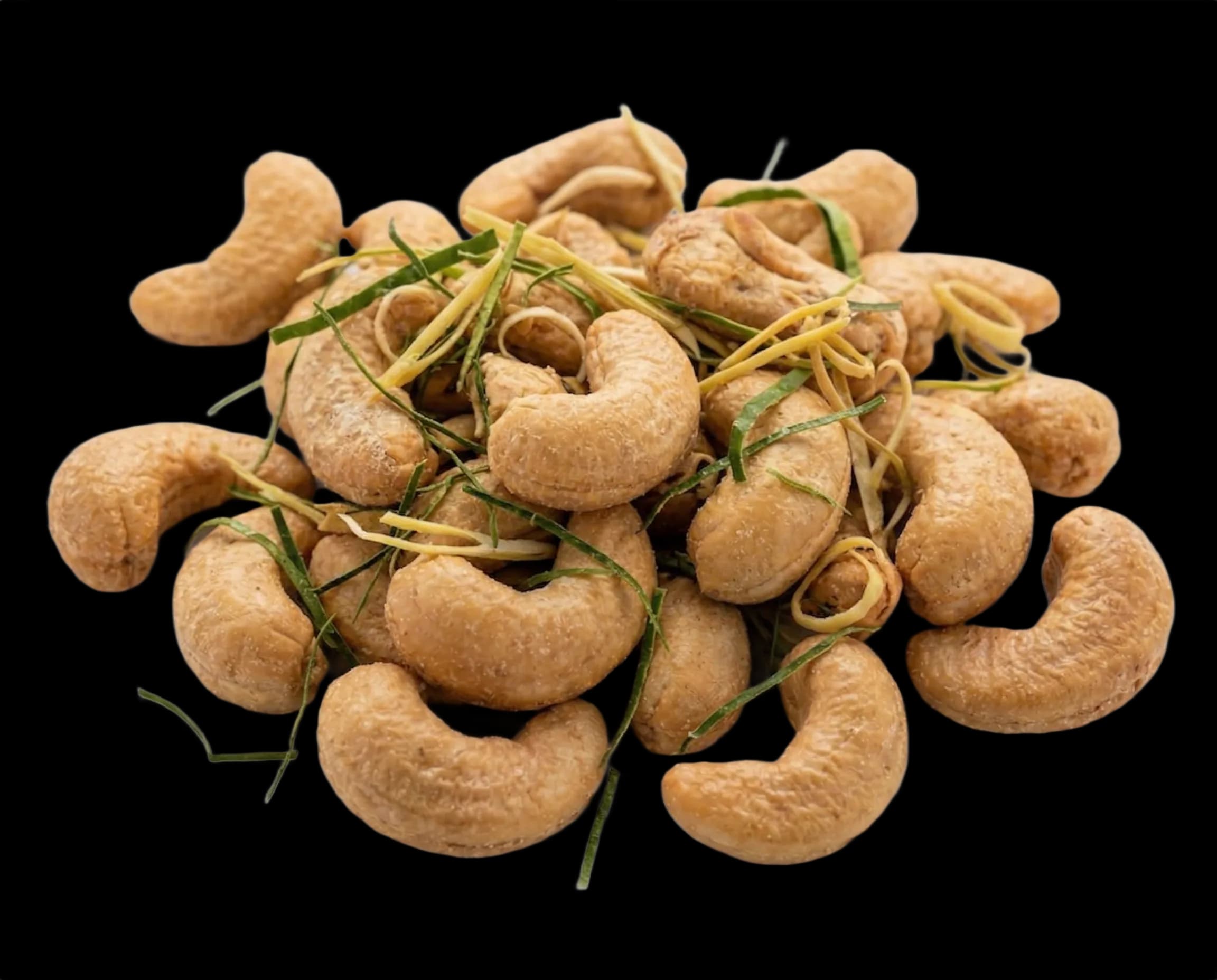 Thai herb-seasoned cashews on a white background