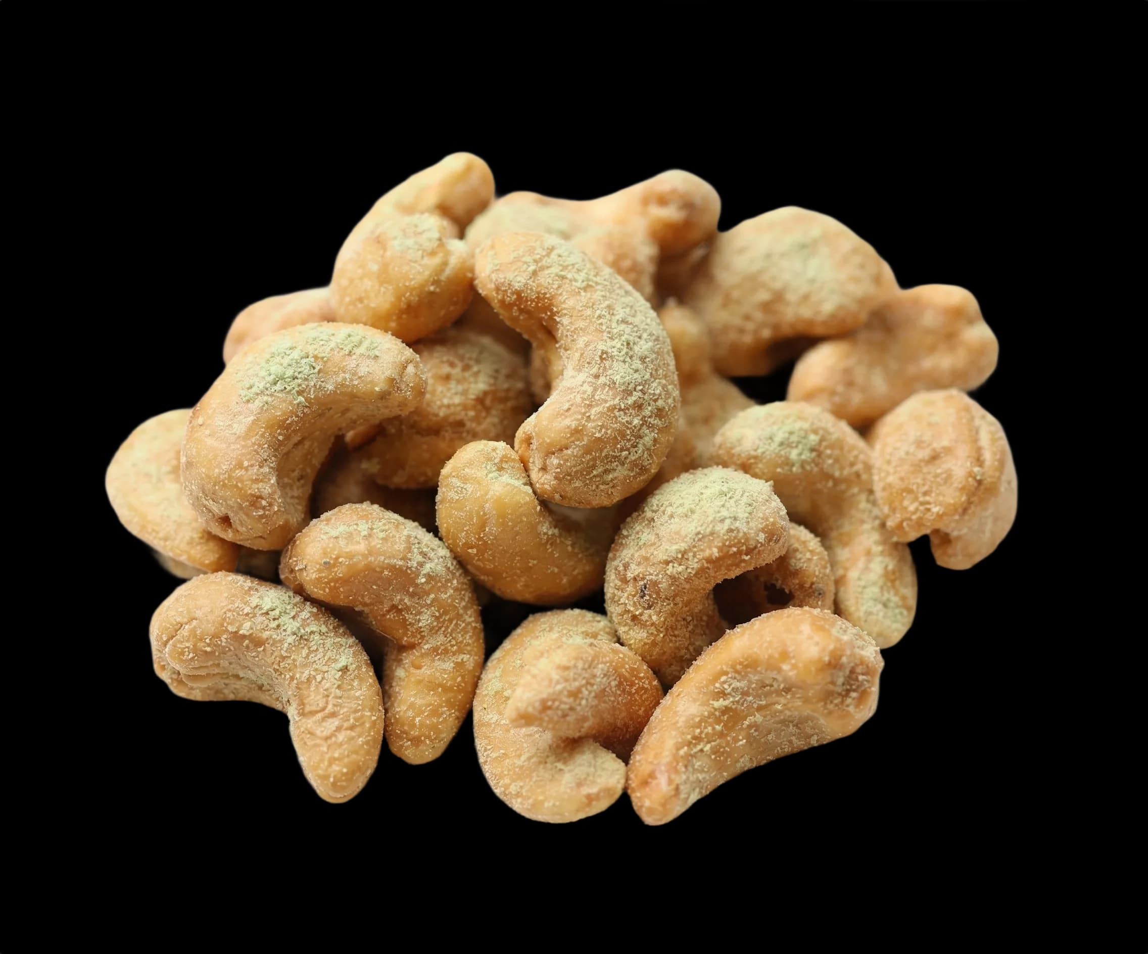 Wasabi cashews on a white background
